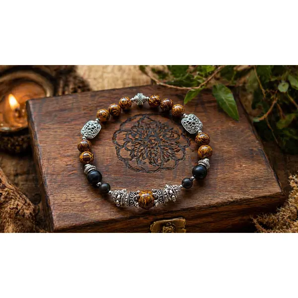 Bracelet élastique luxe homme masculin perle marbrée marron jaspe naturelle décorée peau éléphant finition texturé breloque métal