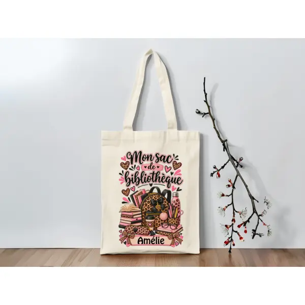 Tote bag bibliothèque léopard rose – sac à livres personnalisé avec prénom ou sans prénom