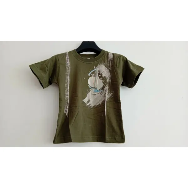 T-shirt vert kaki garçon avec motif marin abstrait ( voilier/surf) - taille 2 ans