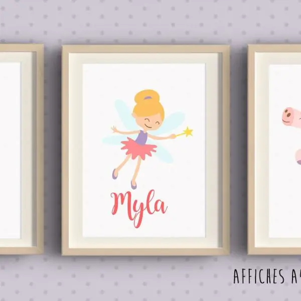 Trio d'affiche féé licorne crapaud personnalisées pour chambre d’enfant avec prénom