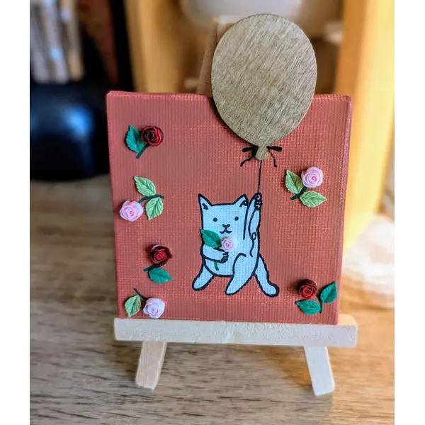 Mini toile sur chevalet en bois chat ballon