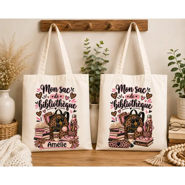 Tote bag bibliothèque léopard rose – sac à livres personnalisé avec prénom ou sans prénom
