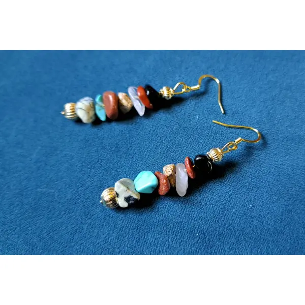 Boucle d'oreille perles en pierre multicolore, crochets en métal acier inoxydable doré