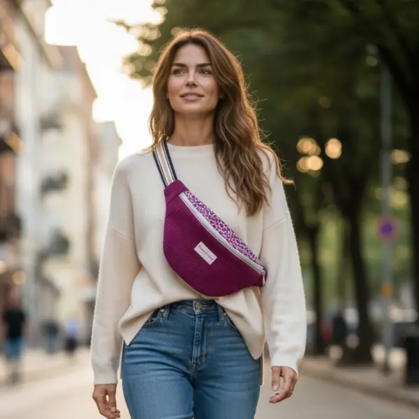 Sac banane velours prune & coton léopard rose – sacoche femme artisanale française