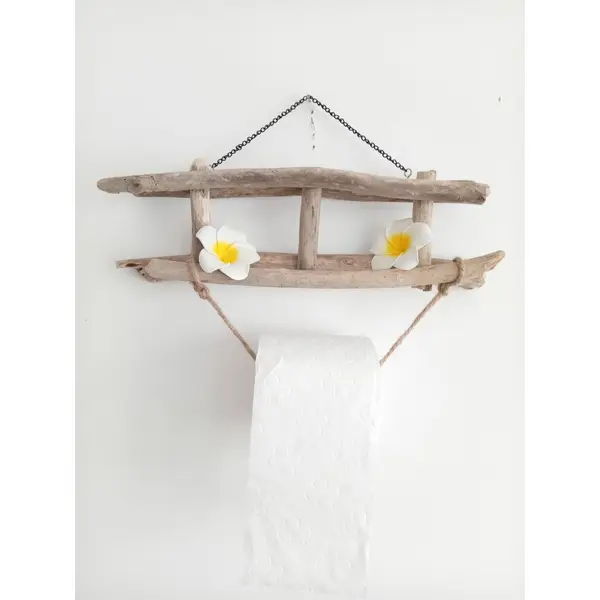 Porte papier toilette exotique (polynésie) avec bois flotté/fleurs frangipane