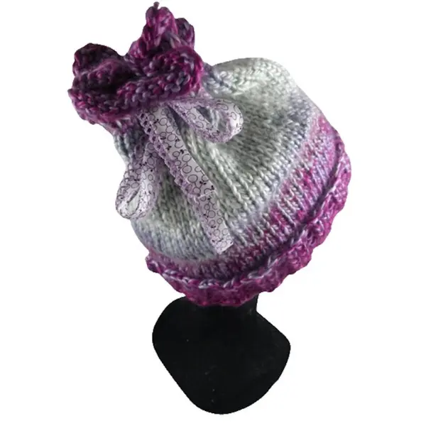 Bonnet chiné rose / gris et son ruban