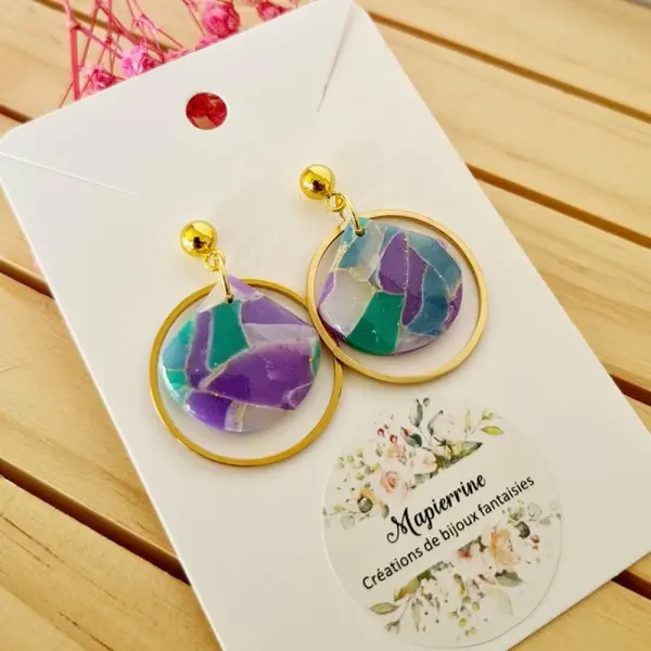 Boucles d’oreilles en pâte polymère bijoux faits main en france acier inoxydable mapierrine marbré translucide a