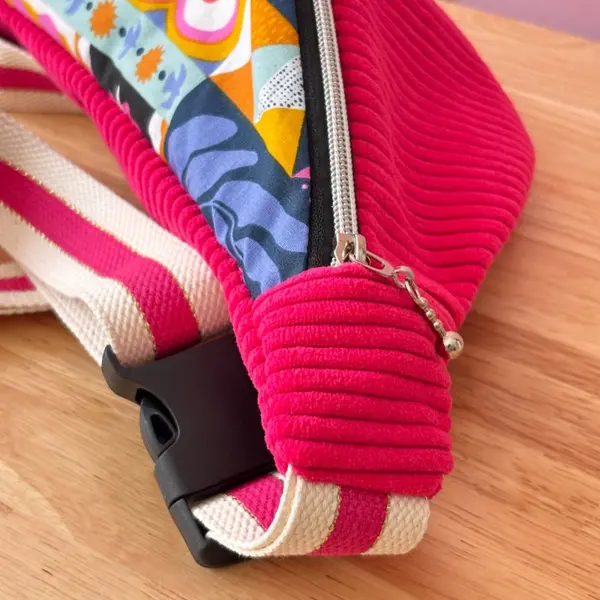 Sac banane velours fuchsia & coton pop – banane femme cousue main en bretagne