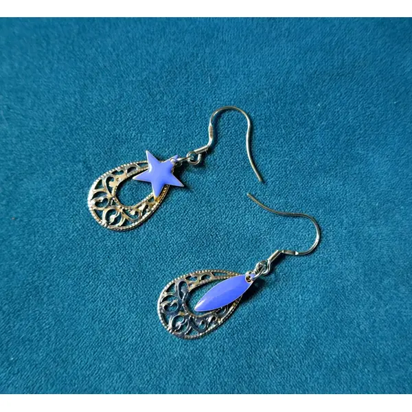 Boucle d'oreille goutte, étoile en émail bleu, crochets en métal acier inoxydable argenté