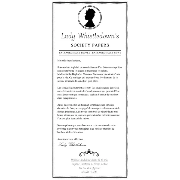 Faire part à la manière de la gazette de lady whistledown (par 75) bridgerton