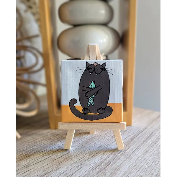 Mini toile sur chevalet en bois chat poisson d'avril