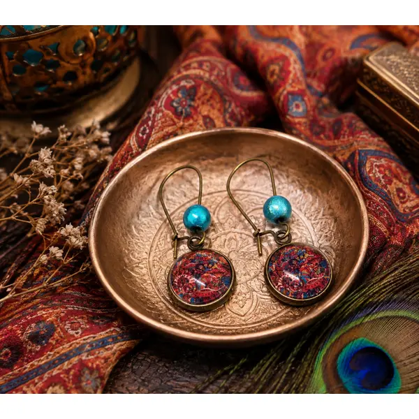 Boucles d'oreilles pendantes cabochon verre motif bohème