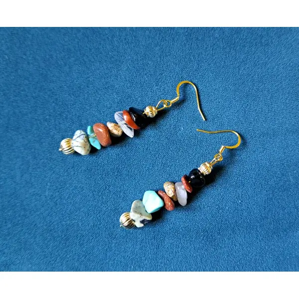 Boucle d'oreille perles en pierre multicolore, crochets en métal acier inoxydable doré