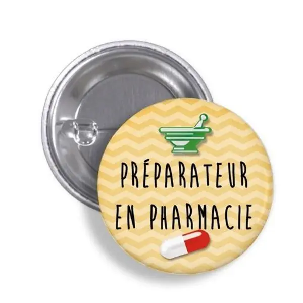 Badge Préparateur en pharmacie avec épingle fond jaune