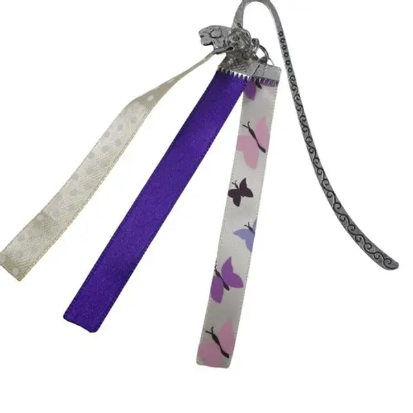 Marque page argenté papillons violet et beige