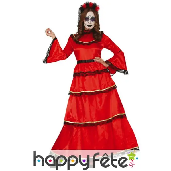 Longue robe rouge Dia de los muertos pour femme
