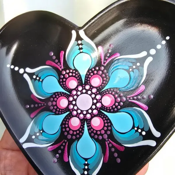 Coupelle cœur noire – mandala bleu & fuchsia - vide-poche artisanal