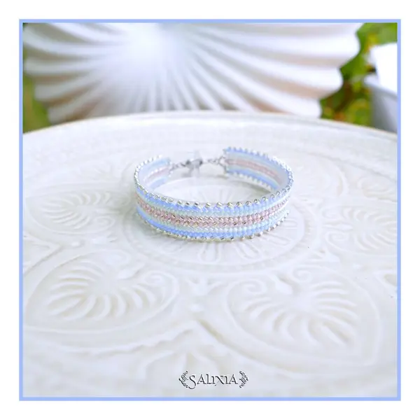 Bracelet tissé à l'aiguille perles de verre japonaises pastel et argentées fermoir acier inoxydable (#bc530)