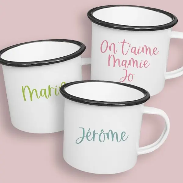 Tasse émaillée personnalisable avec prénom ou petit texte coloré