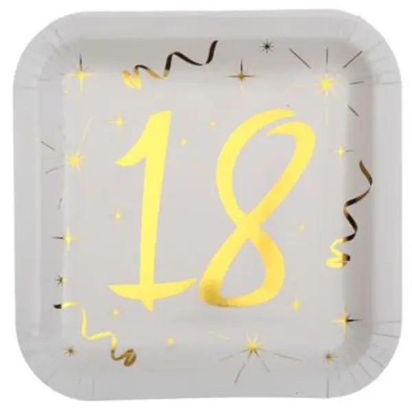10 Assiettes en Carton Anniversaire - Blanc et Or - 18 ans