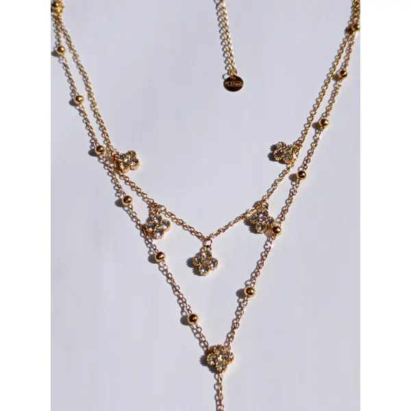 Sautoir double rang trèfles dorés en acier inoxydable | collier long porte-bonheur | bijou élégant & chic pour femme