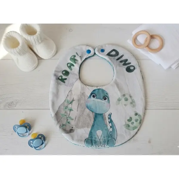 Bavoir bébé coton imprimé dinosaure et éponge turquoise