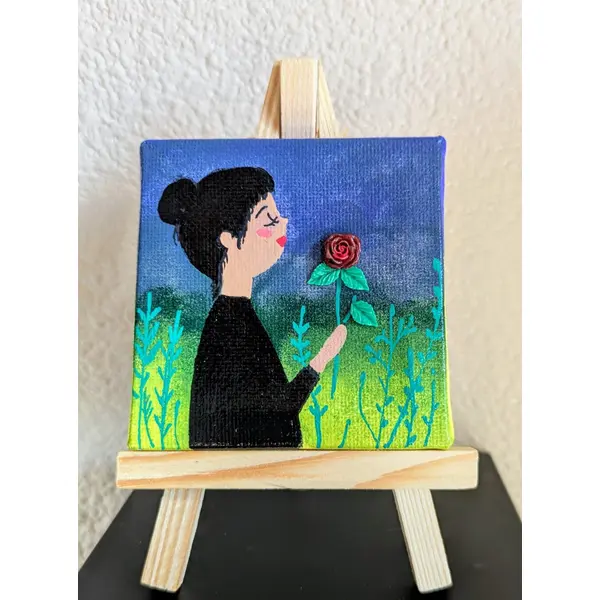 Mini toile sur chevalet en bois femme à la rose