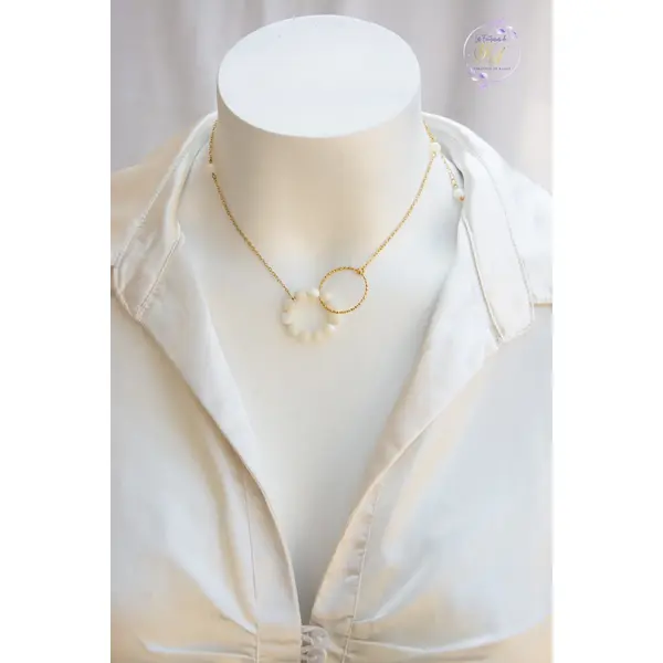 Collier "naveya" code : destock50 acier 316l et nacre 38 cm bijoux femme assembler mains (a807)
