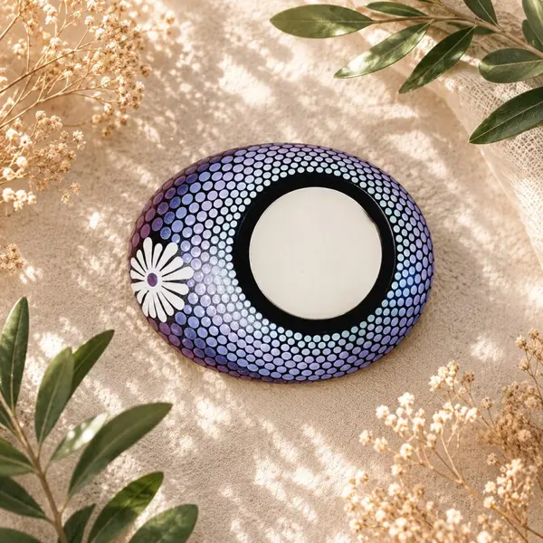 Bougeoir galet mandala bleu, violet & bordeaux – plâtre résine peint à la main