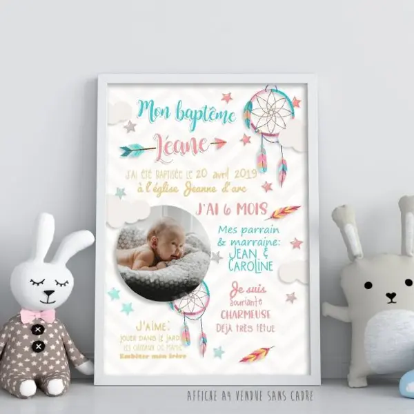 Affiche de baptême personnalisée attrape-rêves rose – décoration souvenir à encadrer