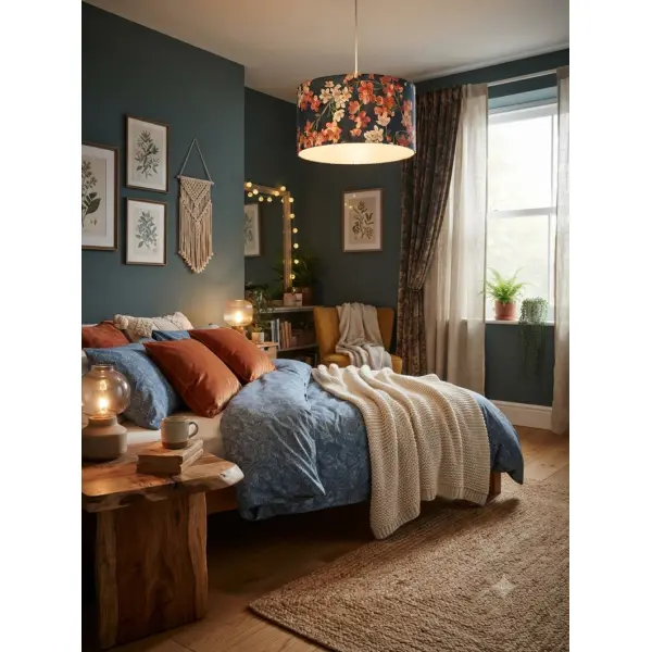Abat-jour floral bleu marine fleurs blanches terracotta – suspension chic, déco romantique, bohème & élégante