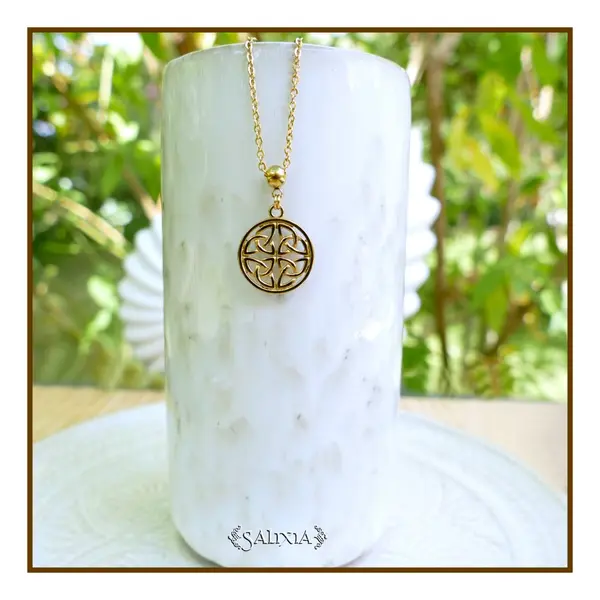 Collier pendentif noeud bouclier celtique porte bonheur talisman chaine et mousqueton entièrement en acier inoxydable (#c424)
