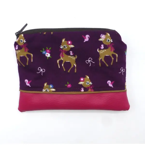 Grand porte monnaie daims faons violet marron rose fuchsia en coton et simili-cuir
