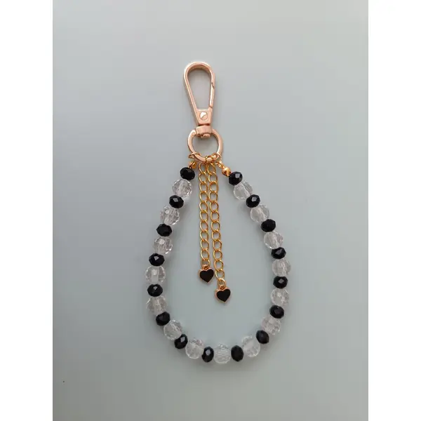 Porte clés perles, bijou bohème fait main, cœur et perles noires transparentes, idée cadeau femme