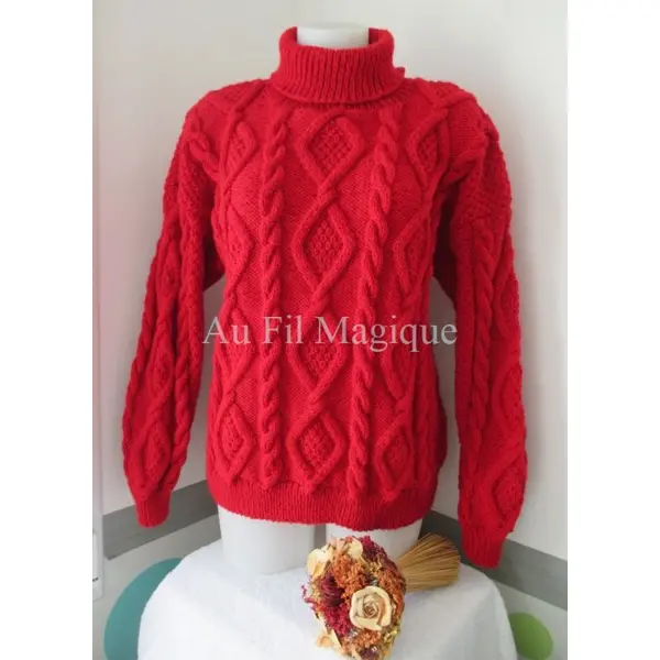 Pull irlandais femme tricot fait-main taille 44/46 couleur rouge