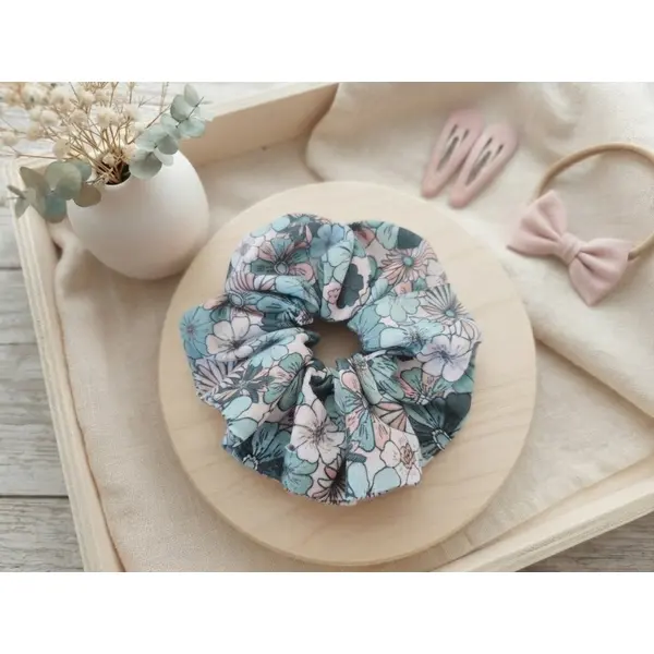 Chouchou fille coton vert turquoise motifs fleurs