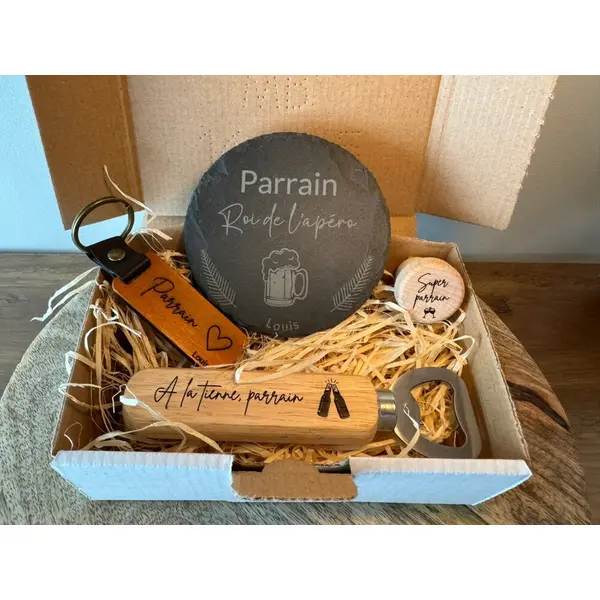 Coffret cadeau personnalisé - décapsuleur, porte-clé, bouchon, dessous de verre - box cadeau parrain, marraine, fête des pères
