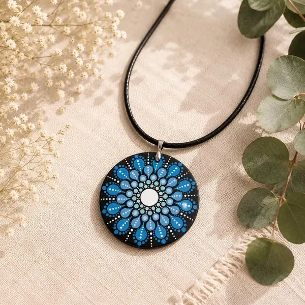 Collier mandala bleu et blanc en bois – pendentif 5 cm peint à la main