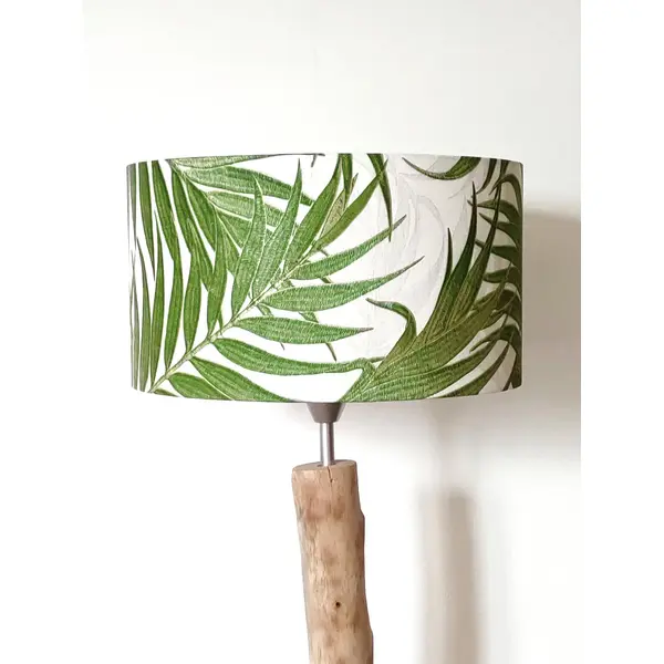 Abat-jour cylindrique feuilles tropicales vertes, luminaire déco exotique, abat jour suspension, fabrication artisanale française