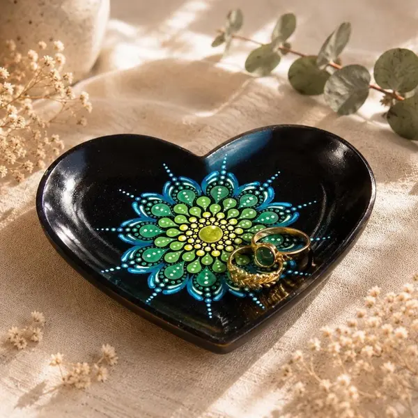 Coupelle cœur noire – mandala bronze, bleu & vert peint à la main - vide-poche artisanal