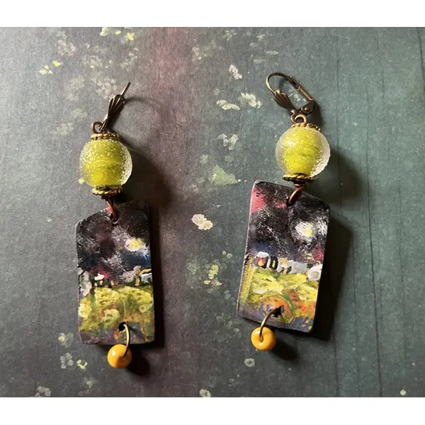 Soir d’orage, boucles d’oreilles série mini tableaux, création artisanale unique