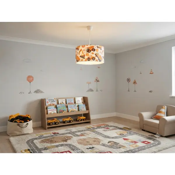 Abat-jour enfant camions chantier – déco chambre garçon, pelleteuse, engins construction, travaux, cadeau
