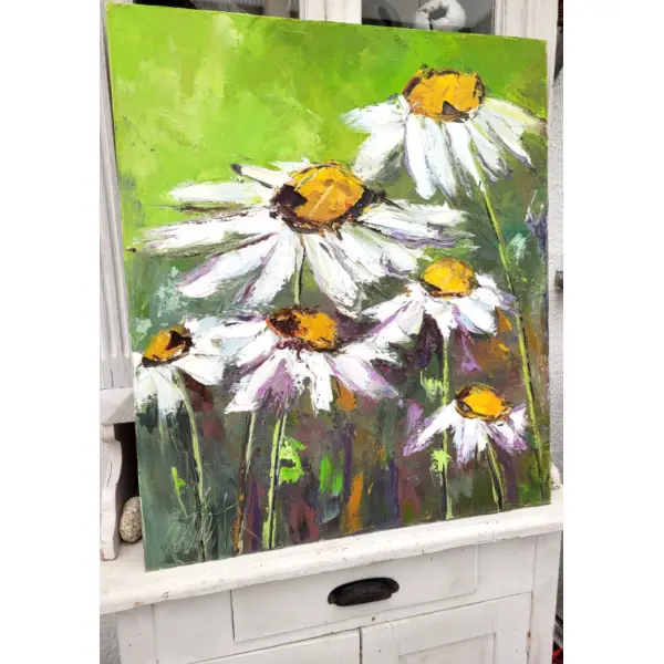 Peinture florale-marguerites sauvages - huile au couteau toile de lin sur châssis : "regard vers la nature"