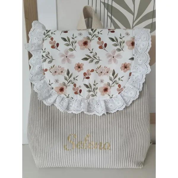 Sac à dos enfant maternelle personnalisé – velours beige & motif floral