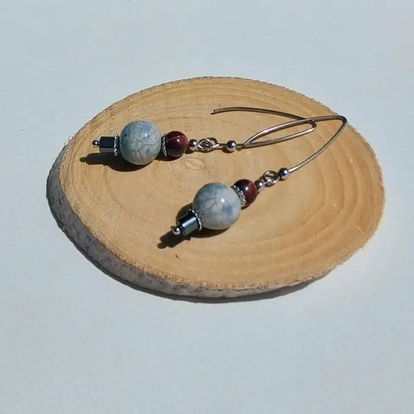 Terre originelle - boucles d'oreilles céramique raku au choix quatre modèles bleu ou vert pierres naturelles acier inoxydable