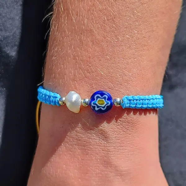 Parure boucles et bracelet assorti, keshis de tahiti et fleurs bleues sur argent 925 rhodié poinçonné