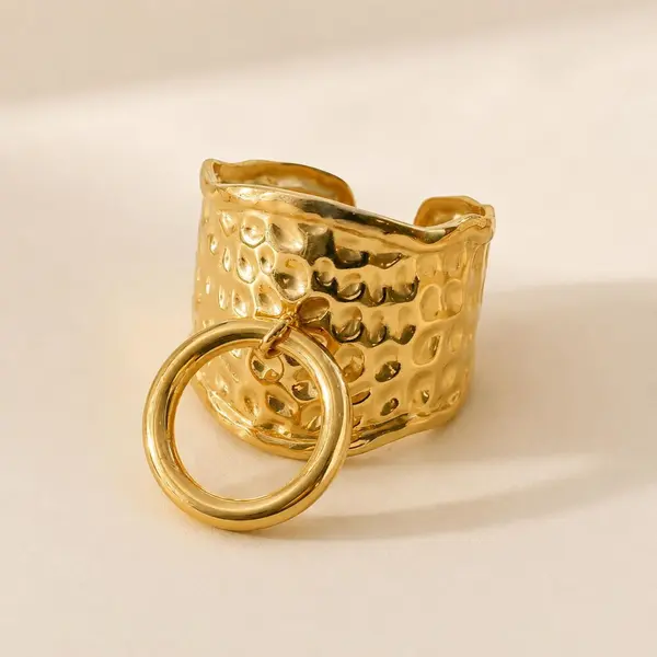 Bague breloque rond ajustable, acier inoxydable doré et argenté