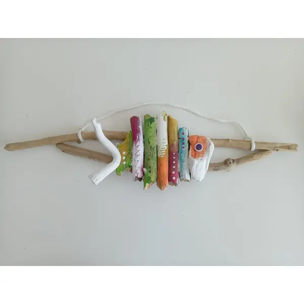 Suspension poisson en bois flotté peint 46x17 cm