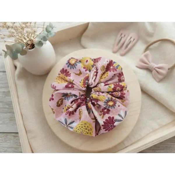 Chouchou fille coton rose saumon motifs fleurs