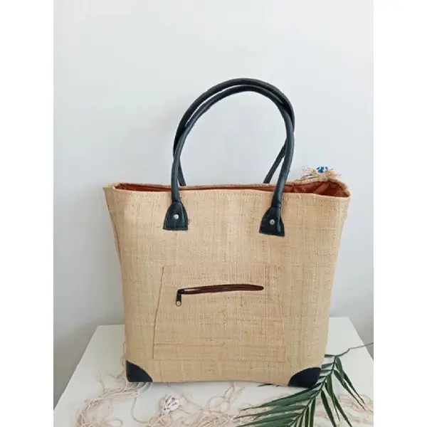 Sac-panier malgache beige avec tissu exotique /dentelle (customisé)